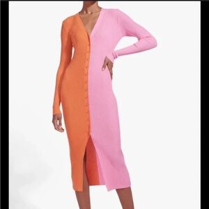 STAUD Shoko Long Sleeve Colorblock Two Tone Dress - Orange and Pink